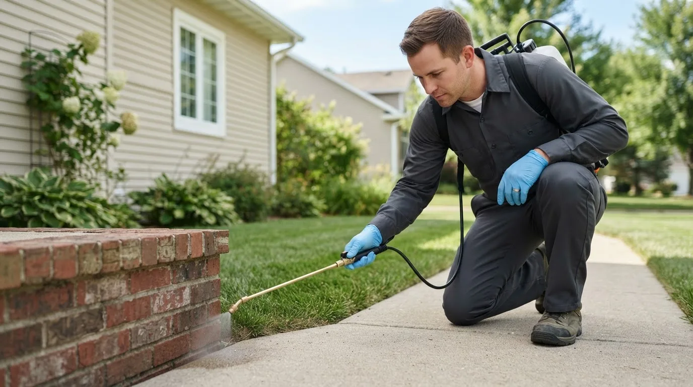 Pest control technician treating a home near Millerton, IA