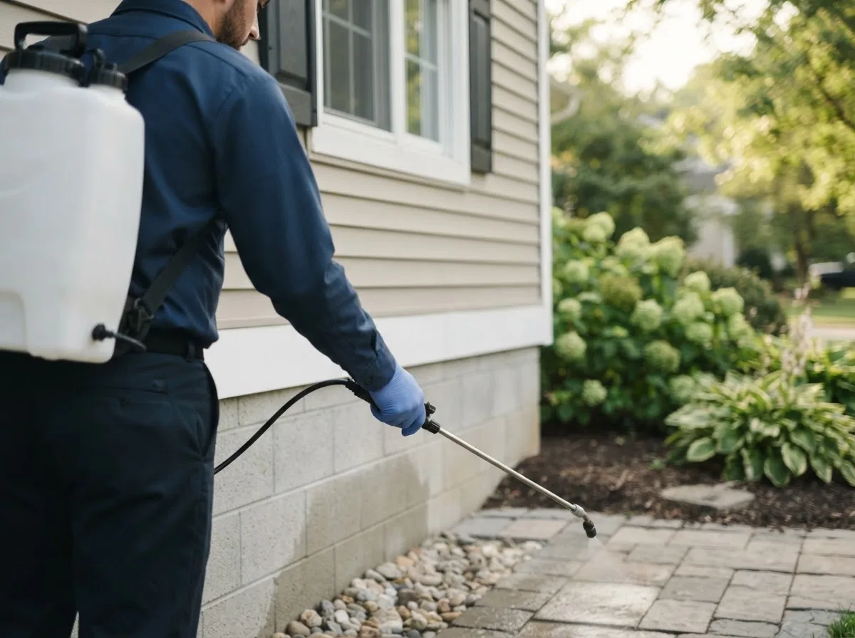 Pest control technician inspecting a home in Millerton, IA